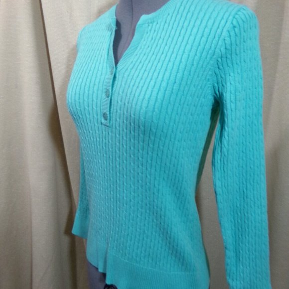 JEANNE PIERRE Cable knit Sweater Top S Mint Green Henley 1/2 button up Long slv - Picture 4 of 8